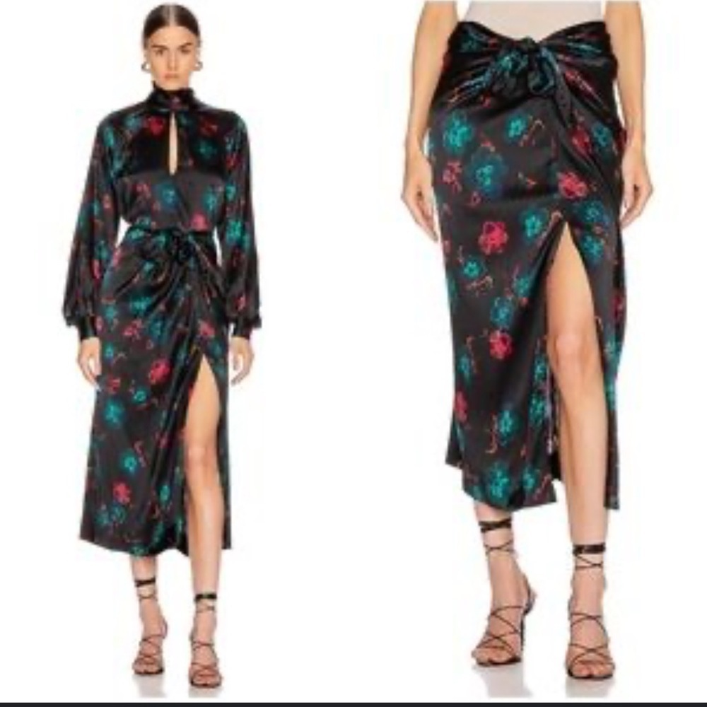 GANNI Black Silk Blend Red Blue Floral Long Puff Sleeves Wrap Mini Dress Size 42 - Picture 2 of 16